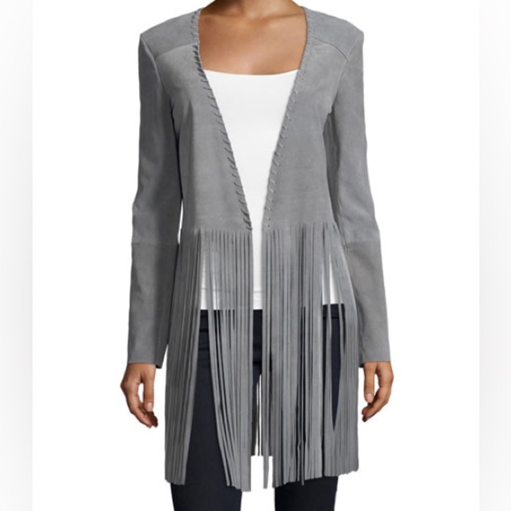 The Perfext Women's Open Front Christy Fringed Leather Jacket Boho Size Lg $1495